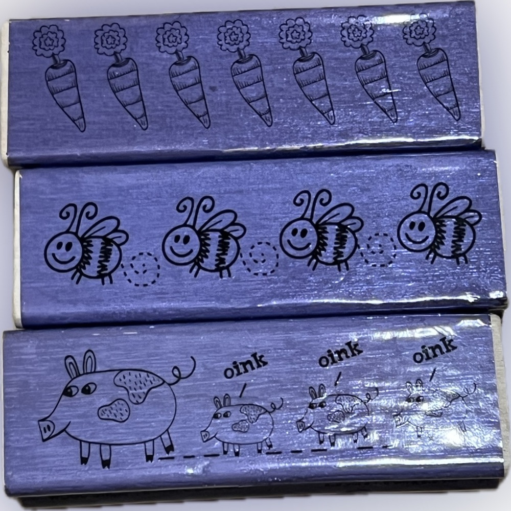 New Spring Theme Border Rubber Stamps 3 PCS Bees Pigs Carrot Scrapbooking Craft